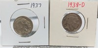 2 BUFFALO NICKELS - 1937 & 1938-D