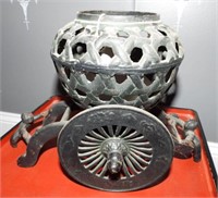 Cast iron vase/fernery on wheels 12”