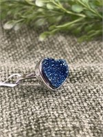 .925 Sterling Silver Blue Druzy Heart Shaped Ring