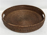 Vintage round rattan basket tray, 17 1/2" diam.
