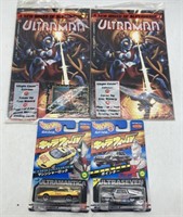 (J) 2 Ultraman Comics and 2 Ultraman Hot Wheels