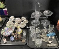 4 Trays Vintage Glassware, Cute Teacups, Tea Tins.