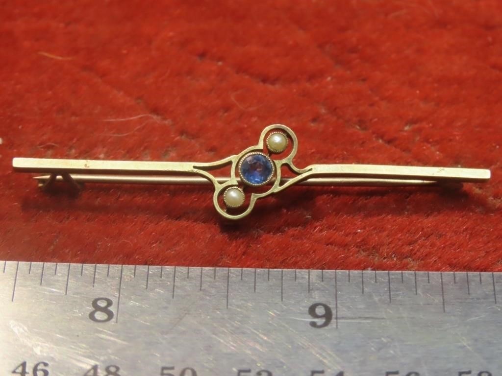 15k gold pin w/pearls & blue stone.