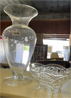 16" Etched Glass Vase & Footed Bowl