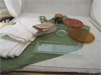 Glass Bread Tray, White Tablecloths, Amber Dish