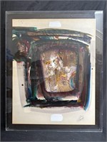 Pencil signed mixed media abstract in lucite frame