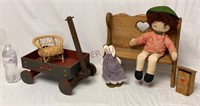 Rag Dolls, Wooden Wagon, Bench & Wicker Chair
