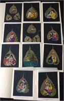 Eleven Indian oil paintings on pipal tree leafs