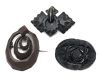 3 Victorian Black Brooches Carved Jet Bog Oak