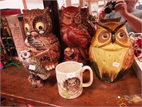 Five owl-related items: two are cookie jars 9"