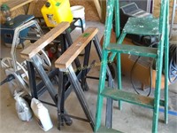 Green Painted Step Ladder, Saw Horses, Hose Reel,