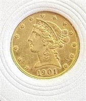 1901 $5 US Eagle Liberty Gold Coin