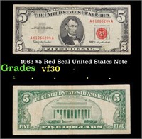 1963 $5 Red Seal United States Note Grades vf++