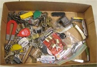 Flat w/ pocket knives, old keys, magnet, padlocks