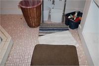 Rugs, trash cans, laundry basket, cleaning items