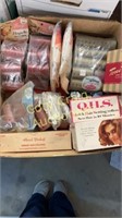 Box of Vintage hair care, perm rods, eyelashes,