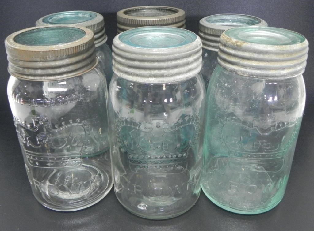 6 VINTAGE CROWN MASON JARS W/ GLASS & METAL LID