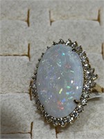 14K WHITE GOLD 13.00CT OPAL 1.95CT DIAMOND RING