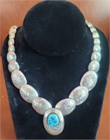 Vint. Native American Silver & Turquoise Necklace