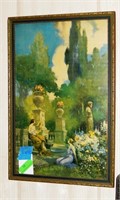 Vintage framed garden print, two ladies and a