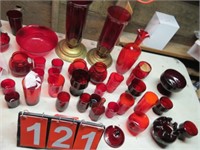 RED GLASSWARE- CUPSM VASE, PLATES