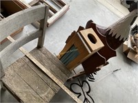 Metal rooster, butterfly , wood chair and more
