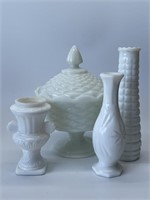 Three Vintage Milk Glass Vases and Vintage Lidded