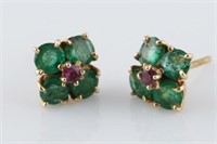 Pair of 14k Yellow Gold, Emerald and Ruby Earrings