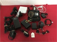 Box Lot of Assorted Cords, Pedals, & Microphone