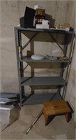 Contents of shelves including wooden step stool