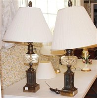 PAIR SPELTER AND GLASS TABLE LAMPS W/SHADES