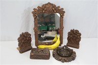 1970s Syroco-Carved Wood Acorn Mirror, Bookends+++