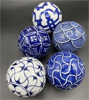 5 blue & white porcelain Asian spheres, 3.5"diam.