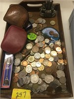 WOODEN TRAY OF FOREIGN COINS AND SOME AMERICAN