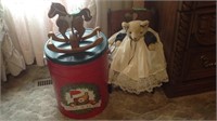 Child's chair, teddy bear, Christmas tin, wooden