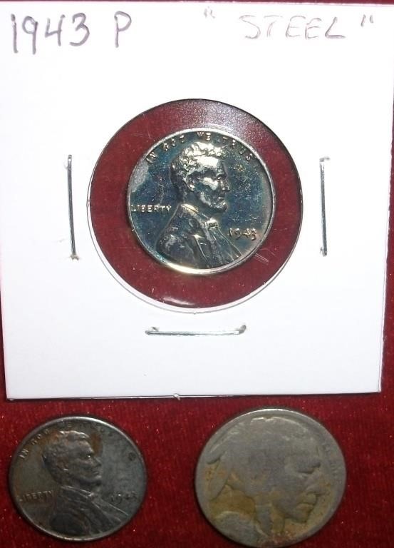 1943P(2) Steel Cent & Dateless Indian Head/Buffalo