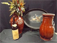 Bird Tray, Wine Bottle, 2 Pottery Jugs w/Foliage