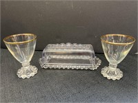 Candlewick butter dish & 2 juice glasses w/ gold