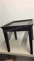 Glass top wooden side table 23“ x 23 1/2“ x 25