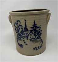 Salt Glazed Stoneware Pottery Crock w Cabin