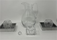 Glass pitcher,trays and candle set