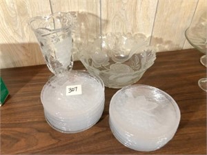 crystal to frosted glass plates, bowl & pitcher