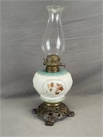 White Pedestal Oil Lamp with Flower Design