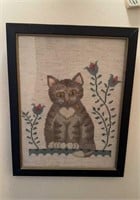 Small framed cat cross stitch, with blooming