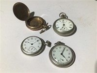 3 Pocket Watches & 1 Case Lot Waltham,Bullseye