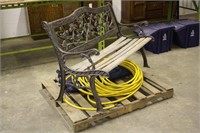PARK BENCH, GARDEN HOSE AND LAWN CHAIRS