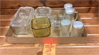 Vintage glass ice box dishes, shakers etc