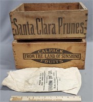 2 Old Advertising Fruit Crates & Early Bank Bag