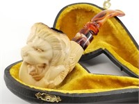 Lion head meerschaum pipe with case in good condit