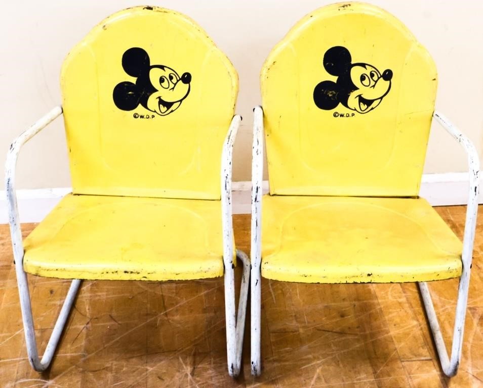 Pair vntg metal child's Mickey Mouse yard chairs